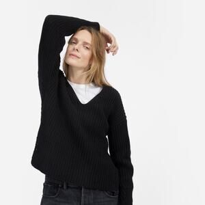 EVERLANE Textured Cotton V-neck Sweater Womens Medium Black Shaker Knit Ballon